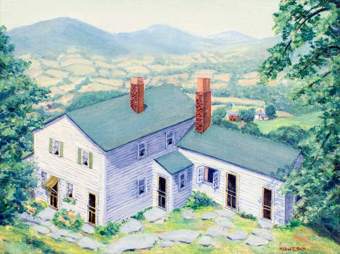 Mildred C Smith (US,20C) oil painting: ARTIST: Mildred C Smith (American, 20 century) NAME: Landscape with Cottage MEDIUM: oil on canvas board CONDITION: Very good. No visible inpaint under UV light. SIGHT SIZE: 9 x 12 inches