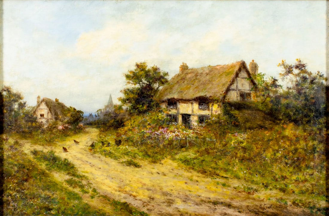 R Cook (UK,early 20C) oil painting antique: ARTIST: R Cook (United Kingdom, early 20 century) TITLE: Village Landscape MEDIUM: oil on canvas CONDITION: Minor craquelure. Few scattered small inpaintings. ART