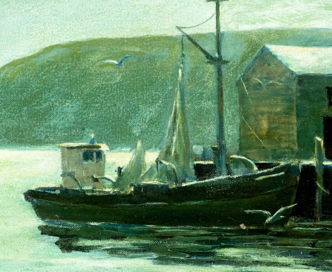 Vintage 20C American oil painting: ARTIST: - (American, 20 century) TITLE: Harbor Scene MEDIUM: oil on canvas. Canvas applied to board. CONDITION: One small paint loss in the lower left quadrant. No visible
