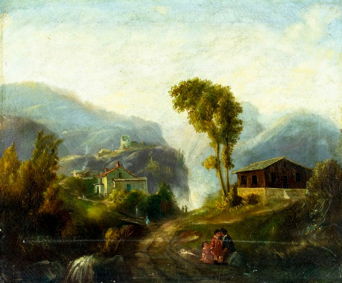 Antique 19C European oil painting: ARTIST: - (Europe, 19 century) TITLE: Mountain Village Scene MEDIUM: oil on canvas CONDITION: One patch. Some scratches/paint losses. Some craquelure. No visible inpaint u