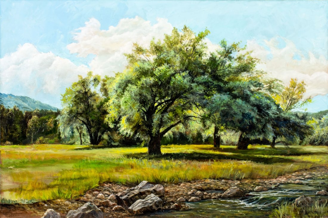 Viktor Ilyushkin (Russia,b 1946) oil painting: ARTIST: Viktor Nikolayevich Ilyushkin (Russian, born 1946) TITLE: Landscape with Willows (titled on verso) YEAR: 2017 MEDIUM: oil on canvas CONDITION: Un