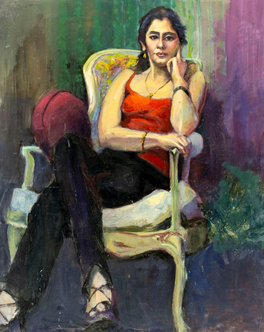 John Reilly (NY,NJ,1942-2021) oil painting: ARTIST: John Reilly (New York, New Jersey, 1942 - 2021) TITLE: Portrait of Seated Woman MEDIUM: oil on board CONDITION: Minor damages to corners. Some scratches/paint loss