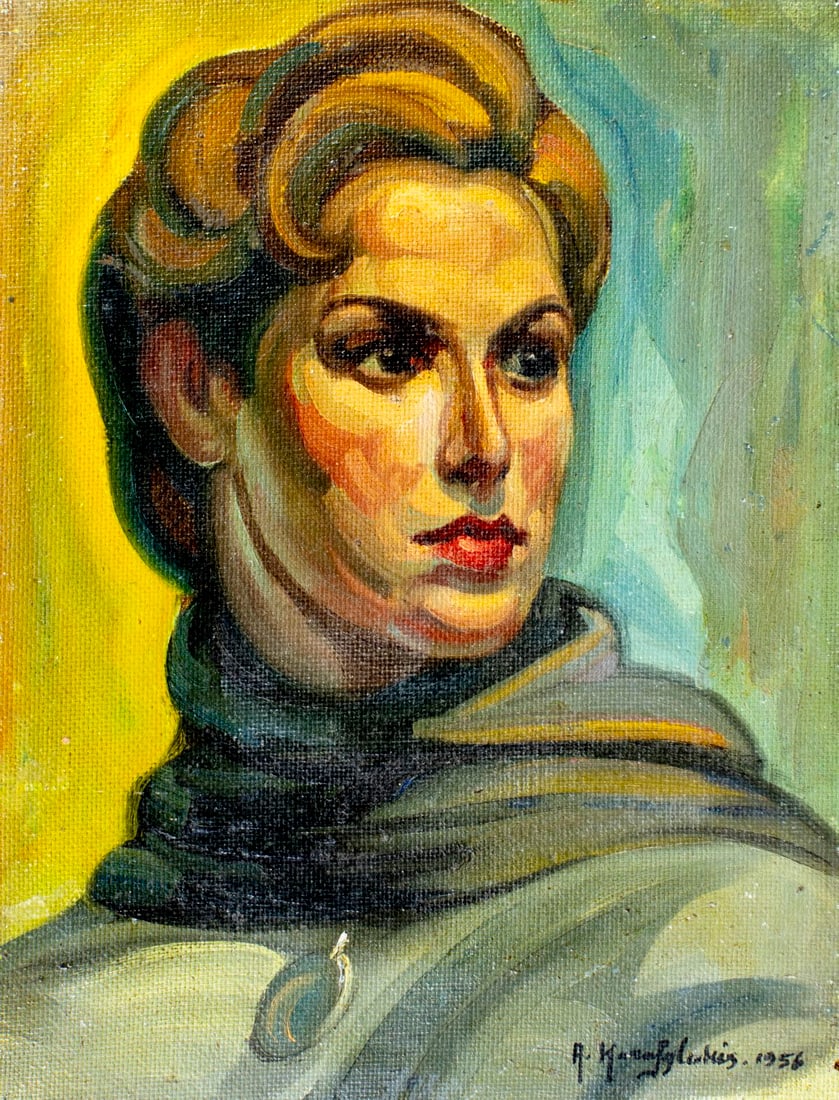 Antonis Karafyllakis (Greek,FL,1908-1983) oil painting: ARTIST: Antonis Leonidas Karafyllakis (Greece, Florida, 1908 - 1983) TITLE: Portrait of Woman YEAR: 1956 MEDIUM: oil on board CONDITION: Some small dam