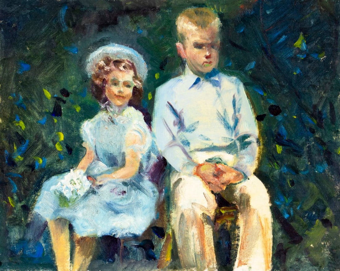 Vintage mid 20C American oil painting: ARTIST: - (American, mid 20 century) TITLE: Boy and Girl MEDIUM: oil on canvas board CONDITION: Few minor paint losses. Minor damages along edges. No visible inpaint under