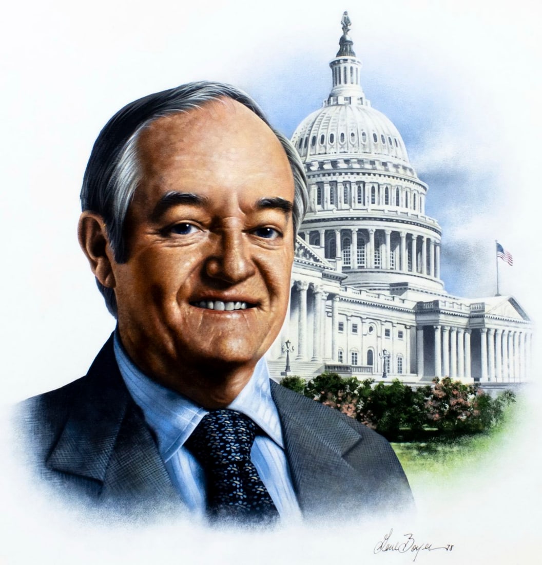 Gene Boyer (US,20C) oil painting: ARTIST: Gene Boyer (American, 20 century) TITLE: Portrait of Hubert H Humphrey YEAR: 1978 MEDIUM: oil on board CONDITION: Very good. No visible inpaint u