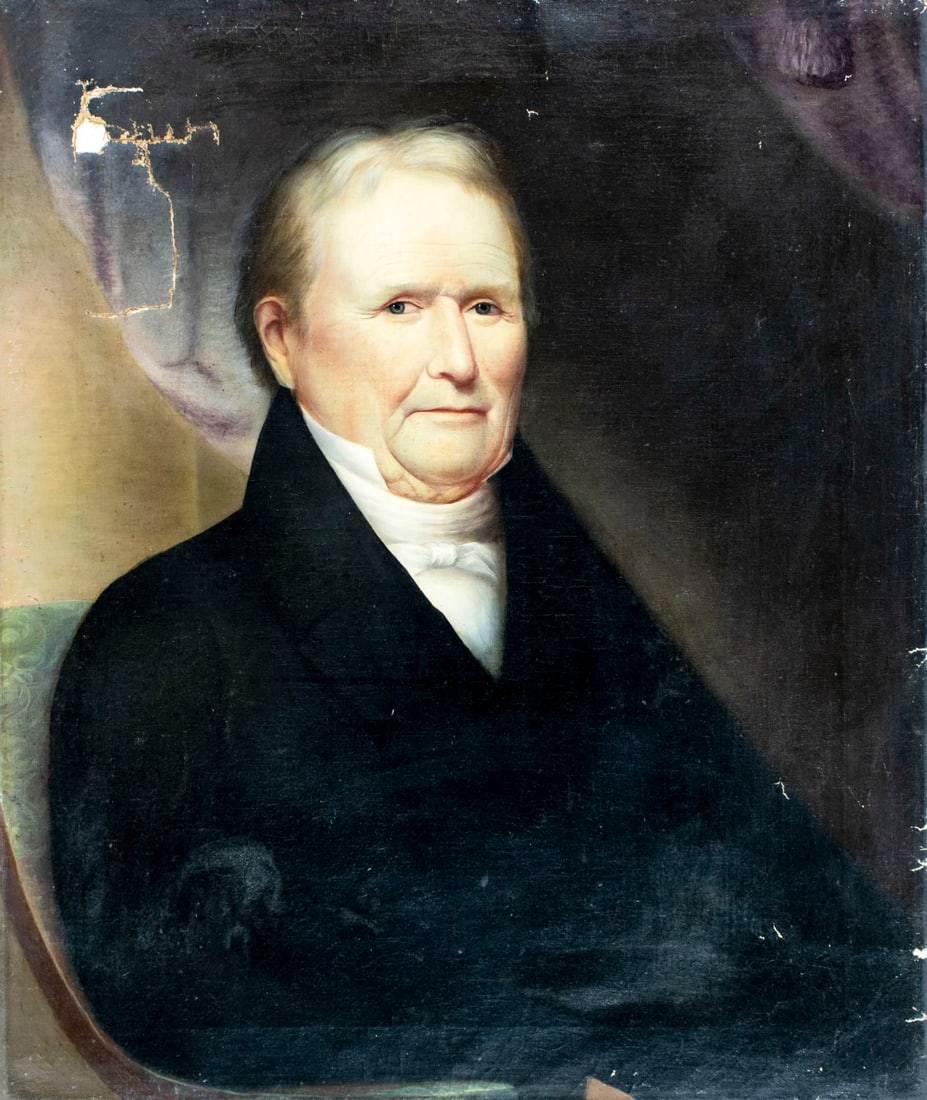 Antique 19C oil painting: ARTIST: - (19 century) TITLE: Portrait of Man MEDIUM: oil on canvas CONDITION: Two patches. Some scratches/paint losses. Some craquelure. Some scattered small inpaintings.