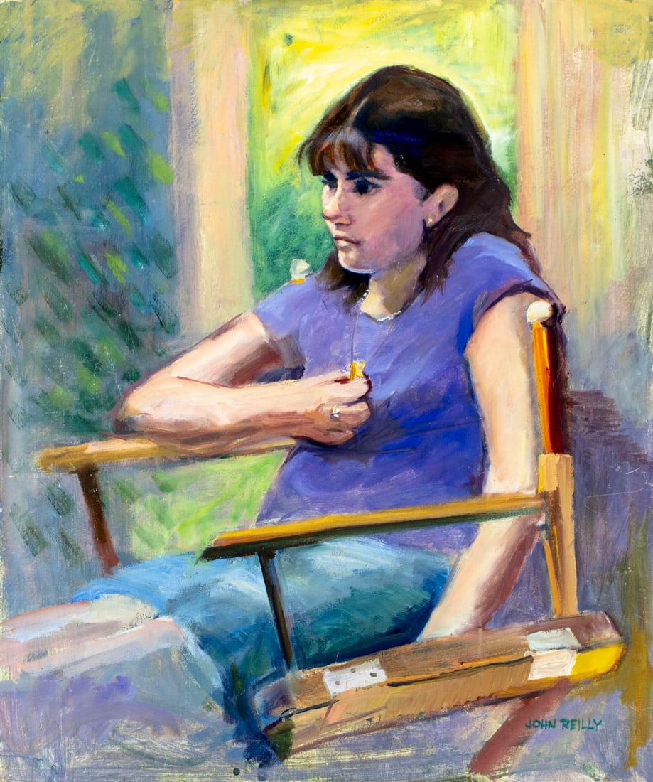 John Reilly (NY,NJ,1942-2021) oil painting: ARTIST: John Reilly (New York, New Jersey, 1942 - 2021) TITLE: Portrait of Seated Woman MEDIUM: oil on board CONDITION: Minor damage to the lower right corner. Some scratc