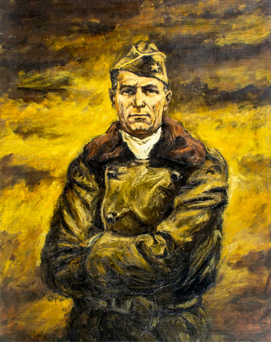 William A Orr (FL,1925-2019) oil painting: ARTIST: William A Orr (Florida, 1925 - 2019) TITLE: Portrait of Pilot YEAR: 1963 MEDIUM: oil on canvas board CONDITION: Few small scratches/paint losses.