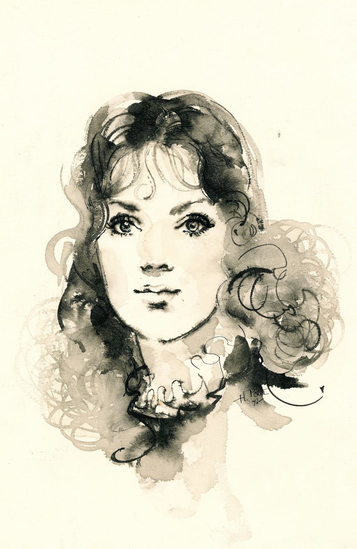 Hal Poth (MO,1924-2017) watercolor painting: ARTIST: Harold Ernst Poth (Missouri, 1924 - 2017) TITLE: Portrait of Woman YEAR: 1977 MEDIUM: watercolor on heavy paper CONDITION: Minor age toning.