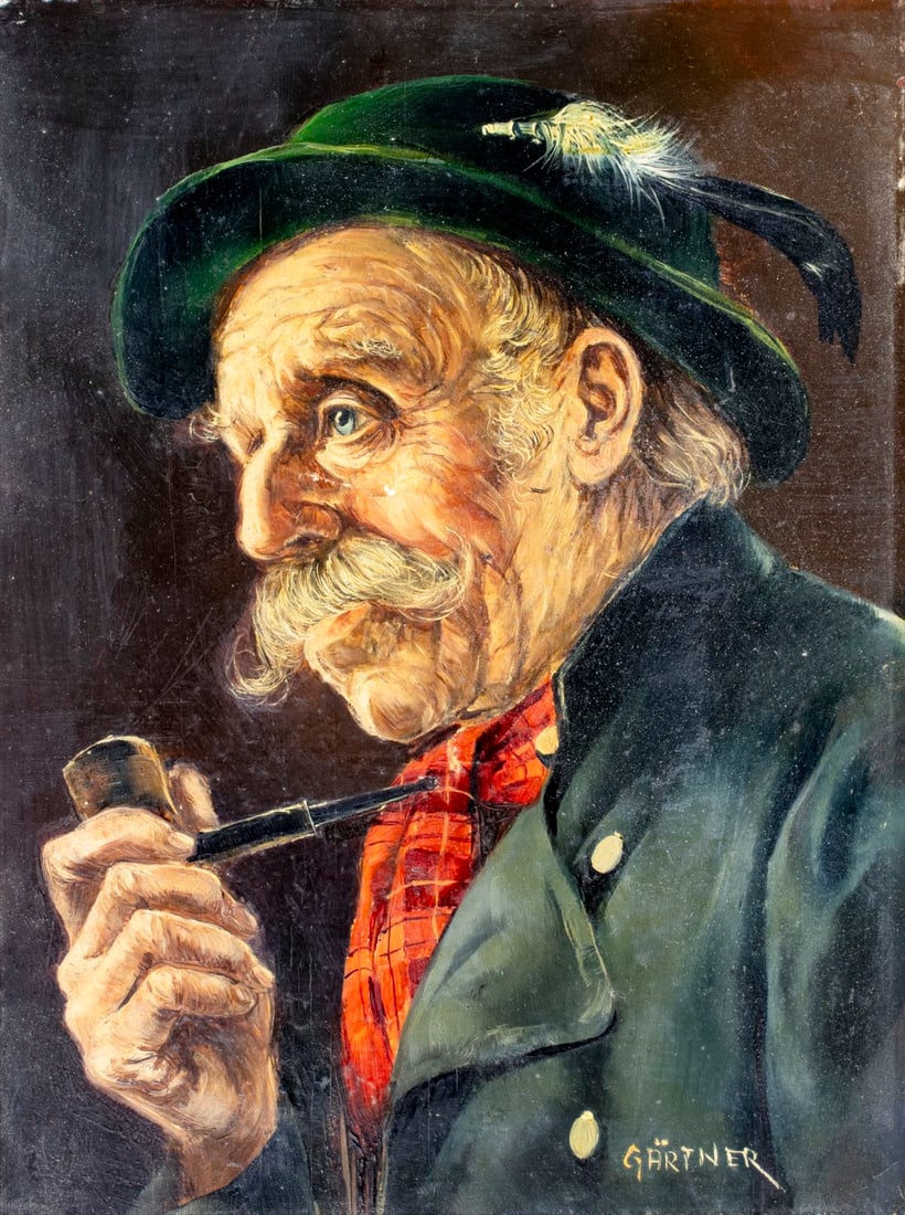 Rosemary Gartner (German,1918-?) oil painting: ARTIST: Rosemary Gartner (Germany, 1918 - ???) TITLE: Portrait of Man with Pipe MEDIUM: oil on board CONDITION: Some vertical surface cracks. Some scratches/paint losses.