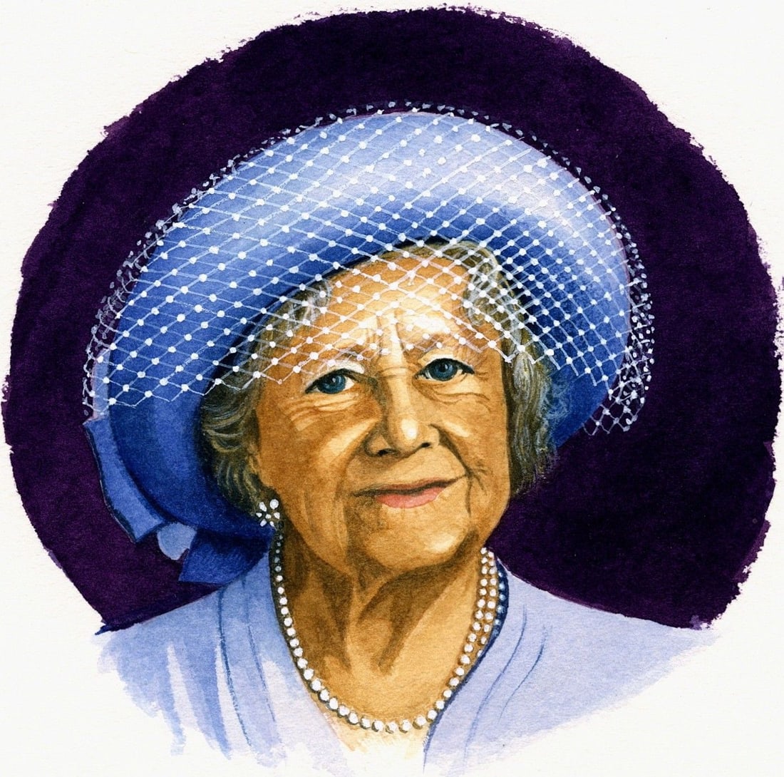 Clive Abbott (UK,1933-2008) watercolor painting: ARTIST: Clive Abbott (United Kingdom, 1933 – 2008) TITLE: Queen Mothers 100th Birthday, As Beloved Queen Mum, circa 1988 (titled on verso) YEAR: 2000 MEDIUM: watercolor on p