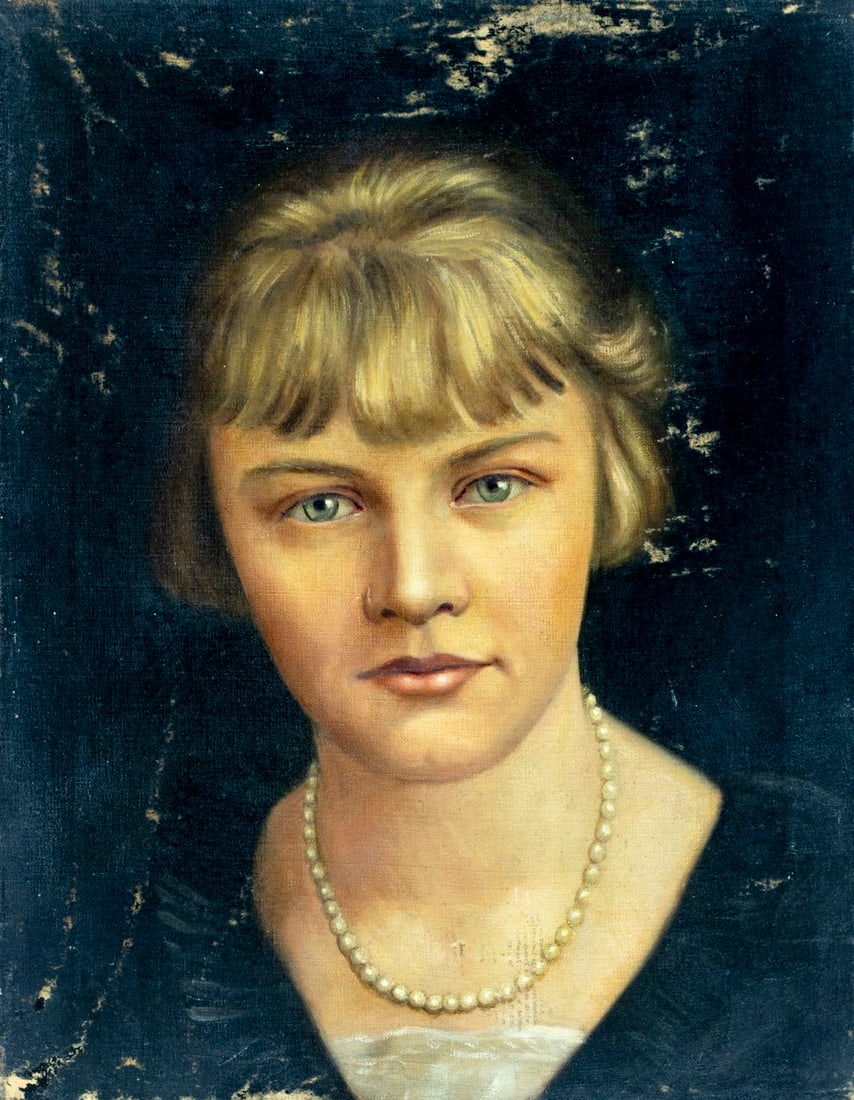 Antique early 20C American oil painting signed: ARTIST: - (American, early 20 century) TITLE: Portrait of Woman MEDIUM: oil on canvas CONDITION: Some small damages to the lower edge of canvas. Some paint losses (see pic