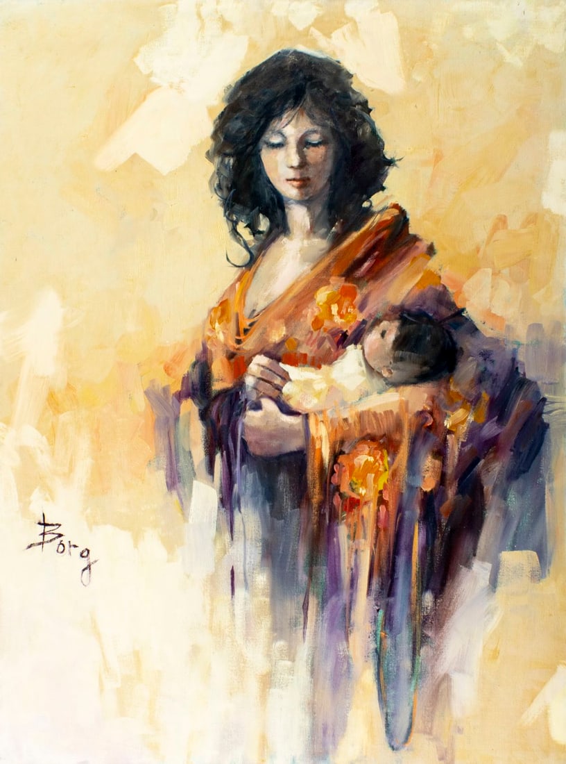 Irene Borg (CA,b 1950) oil painting: ARTIST: Irene Borg (California, born 1950) TITLE: Mother and Child MEDIUM: oil on canvas CONDITION: Unstretched (In-House stretching available) (In-House stretching availabl