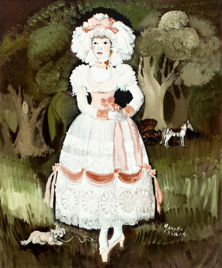 Maryan Ribas (Spain,1930-?) oil painting: ARTIST: Maryan Ribas Sicilia (Spanish, 1930 - ???) TITLE: Portrait of Lady with Dog MEDIUM: oil on canvas CONDITION: Unstretched (In-House stretching available) (In-House