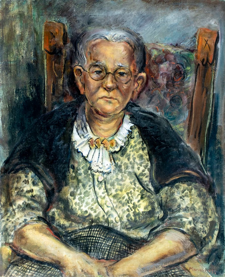 Marion Huse (MA,1896-1967) oil painting: ARTIST: Marion Huse (Massachusetts, 1896 - 1967) TITLE: Portrait of Old Woman MEDIUM: oil on canvas CONDITION: One small patch. Some scratches/paint losses mostly along ed