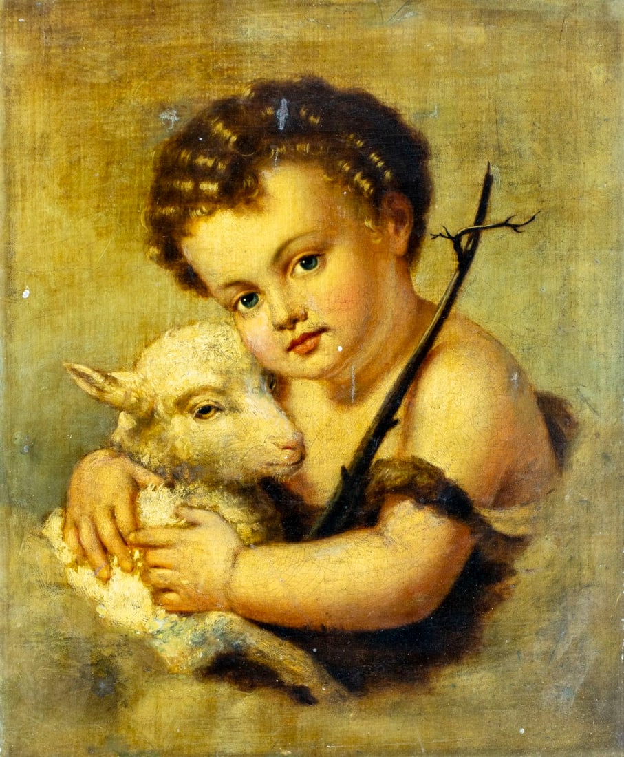 Antique 19C European oil painting: ARTIST: - (Europe, 19 century) TITLE: Child St John the Baptist Embracing the Lamb MEDIUM: oil on canvas. Canvas applied to board. CONDITION: Some scratches/paint losses.