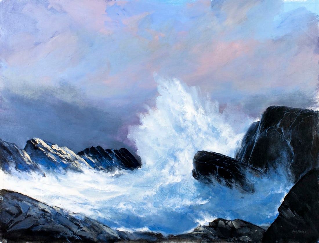Bergwall (Europe,20C) oil painting: ARTIST: Bergwall (European, 20 century) TITLE: Rocky Coast Seascape MEDIUM: oil on canvas CONDITION: Unstretched (In-House stretching available) (In-House stretching availab