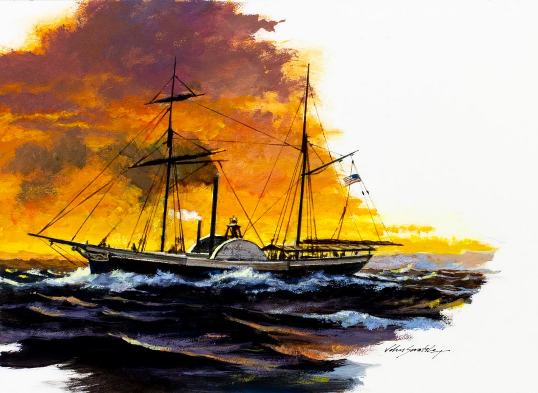 John Swatsley (US,1937-?) oil painting: ARTIST: John Swatsley (United States, 1937 - ???) TITLE: Steamboat Walk in the Water (titled on verso) YEAR: 1988 MEDIUM: oil on board CONDITION: Very