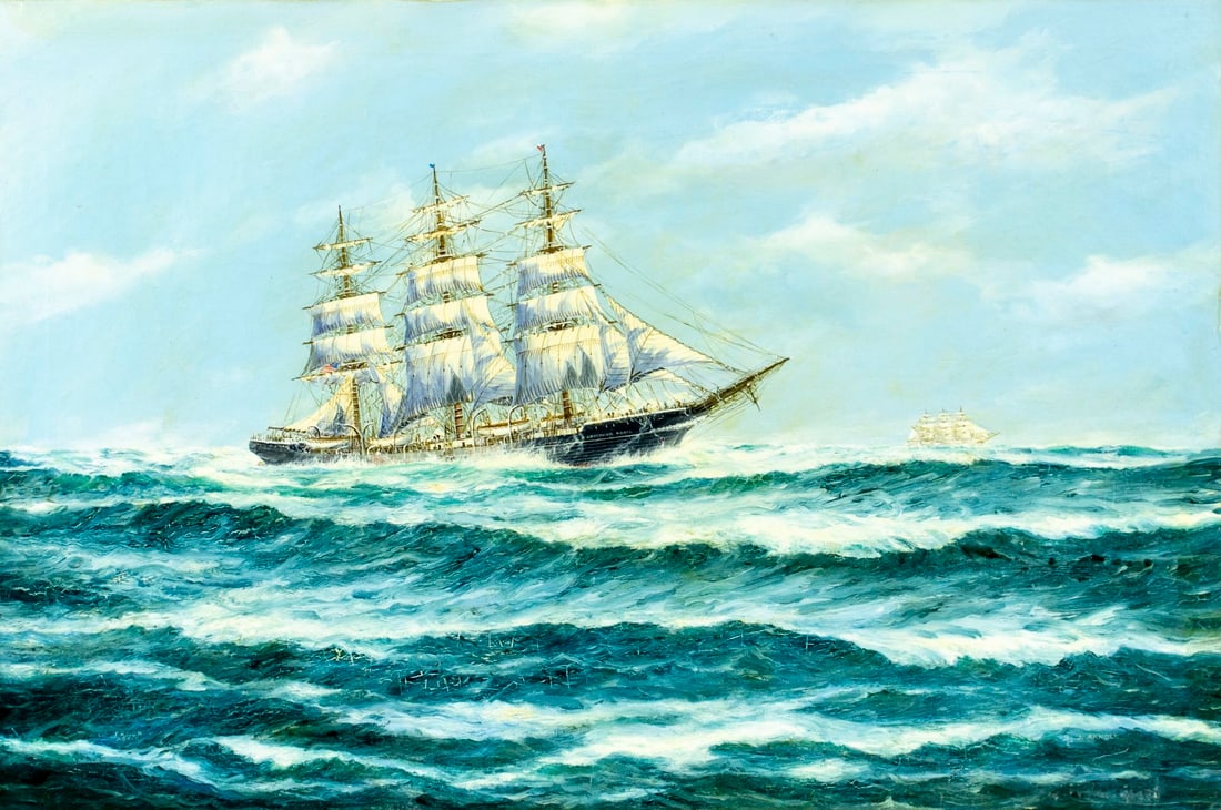 Jay Arnold (MA,1890-?) oil painting antique: ARTIST: Jay Arnold (Massachusetts, 1890 - ???) TITLE: Sail Ship MEDIUM: oil on canvas CONDITION: Few minor paint losses. Some craquelure. No visible inpaint under UV light