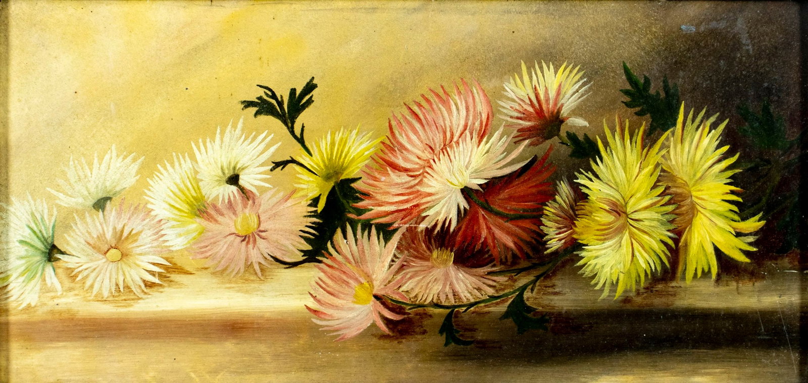 Antique early 20C American oil painting: ARTIST: - (American, early 20 century) TITLE: Floral Still Life MEDIUM: oil on board CONDITION: Some scratches/paint losses. No visible inpaint under UV light. Some damage