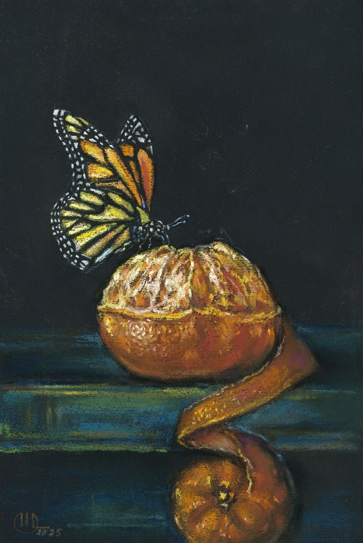 Olena Horbenko (Ukraine,20/21C) pastel painting: ARTIST: Olena Horbenko (Ukrainian, 20/21 centuries) TITLE: Still Life with Butterfly and Tangerine MEDIUM: pastel on heavy paper CONDITION: Very good. ART SIZE:</