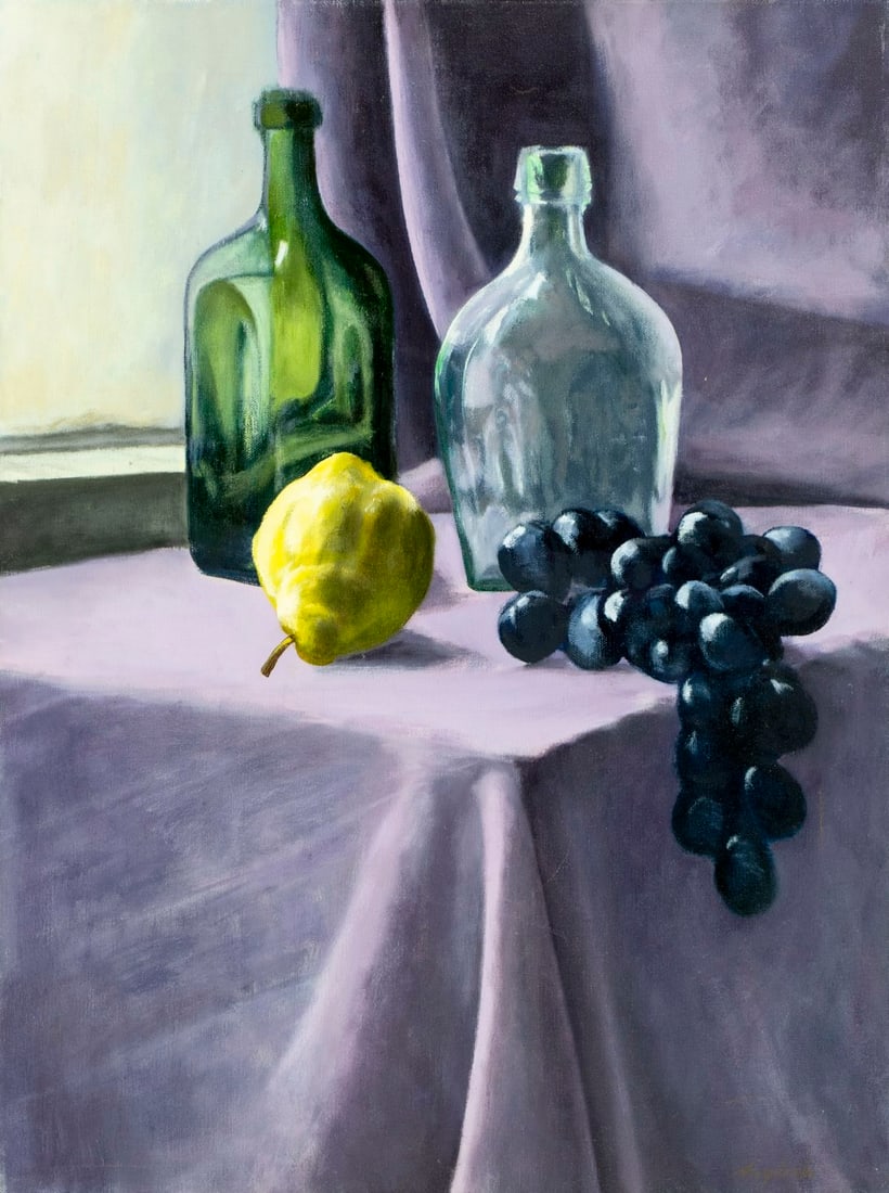 Robert Angeloch (NY,1922-2011) oil painting: ARTIST: Robert Henry Angeloch (New York, 1922 - 2011) TITLE: Still Life with Bottles, Grapes and Pear MEDIUM: oil on canvas CONDITION: Overall good. No visible inpaint und