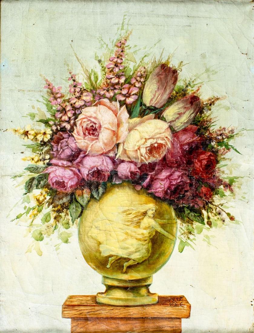 Antique early 20C American oil painting signed: ARTIST: - (American, early 20 century) TITLE: Still Life with Vase of Flowers YEAR: 1935 MEDIUM: oil on canvas. Canvas applied to board. CONDITION: Few