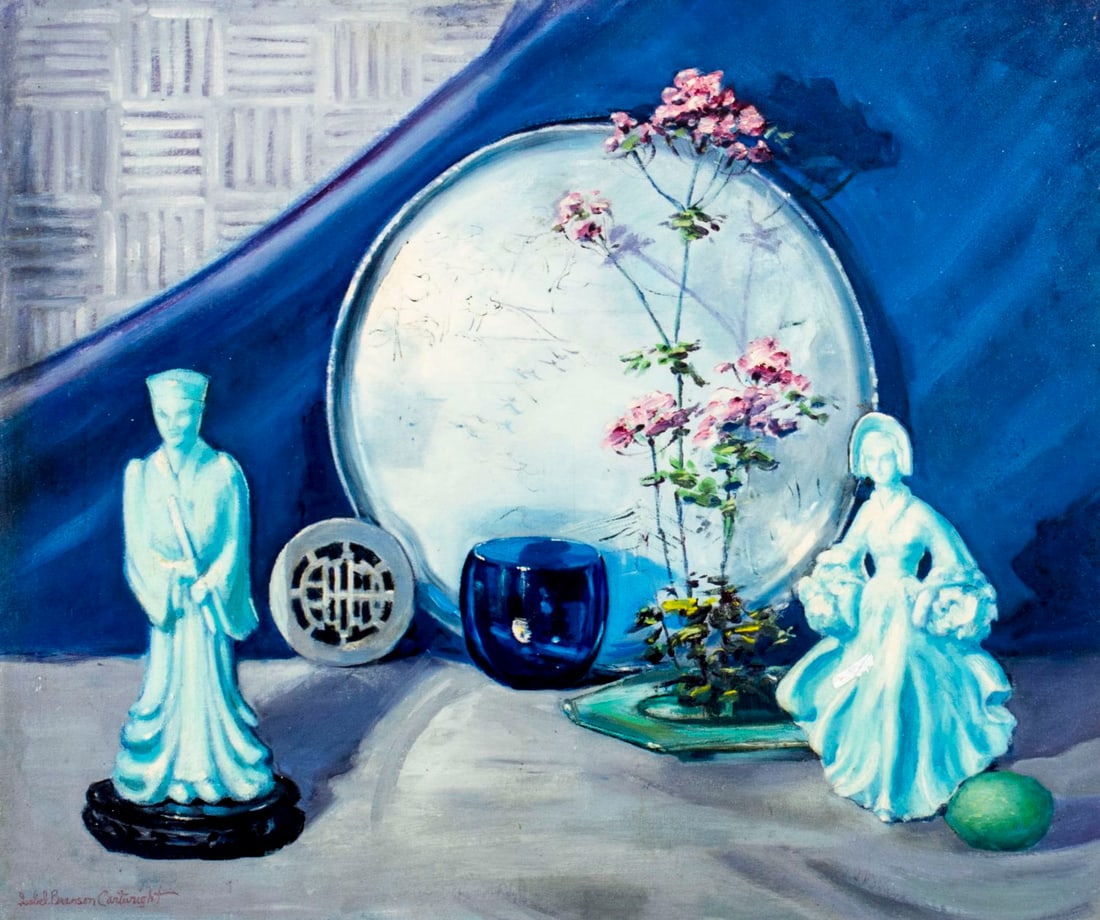 Isabel Cartwright (PA,TX,CA,1885-1966) oil painting: ARTIST: Isabel Parke Branson Cartwright (Pennsylvania, Texas, California, 1885 - 1966) NAME: Still Life with Porcelain Figurines MEDIUM: oil on canvas board CONDITION: Very good. Minor craqu