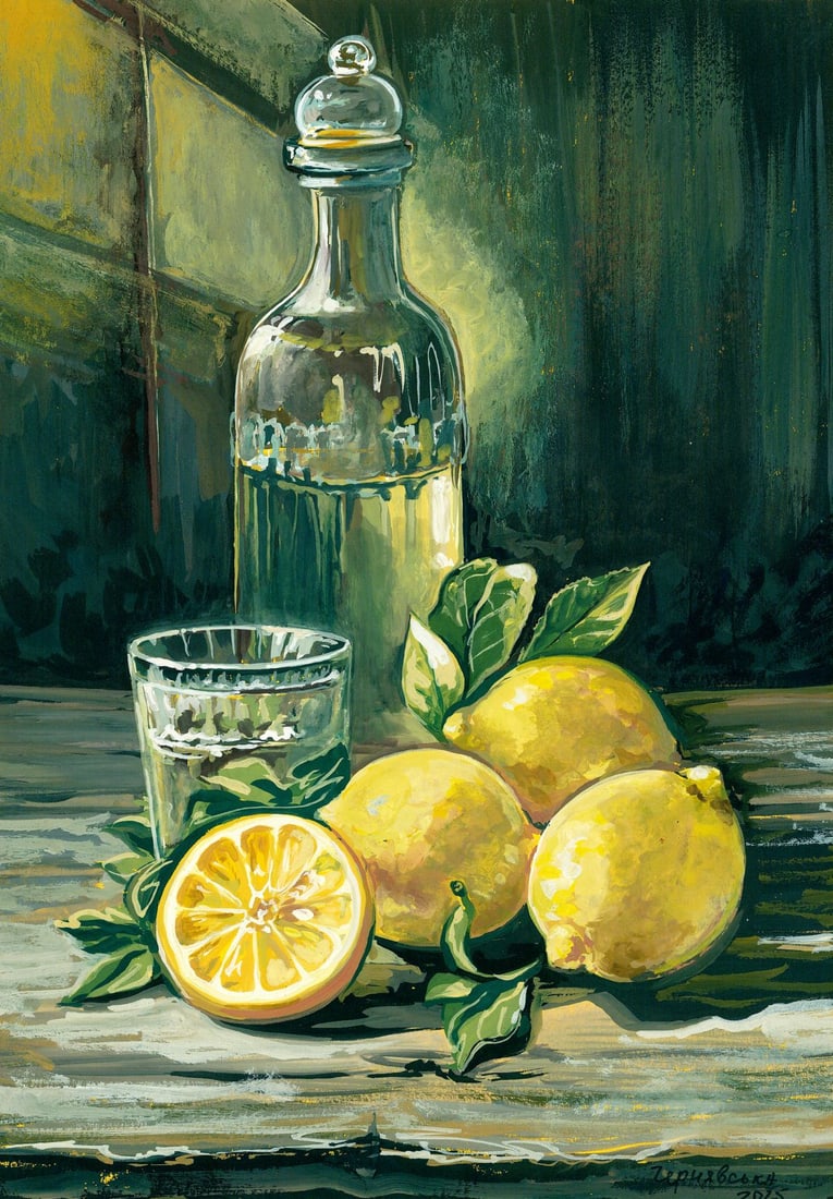 Anastasia Chernyavska (Ukraine,20/21C) gouache painting: ARTIST: Anastasia Chernyavska (Ukrainian, 20/21 centuries) TITLE: Still Life with Bottle and Lemons MEDIUM: gouache on heavy paper CONDITION: Very good. ART SIZE: