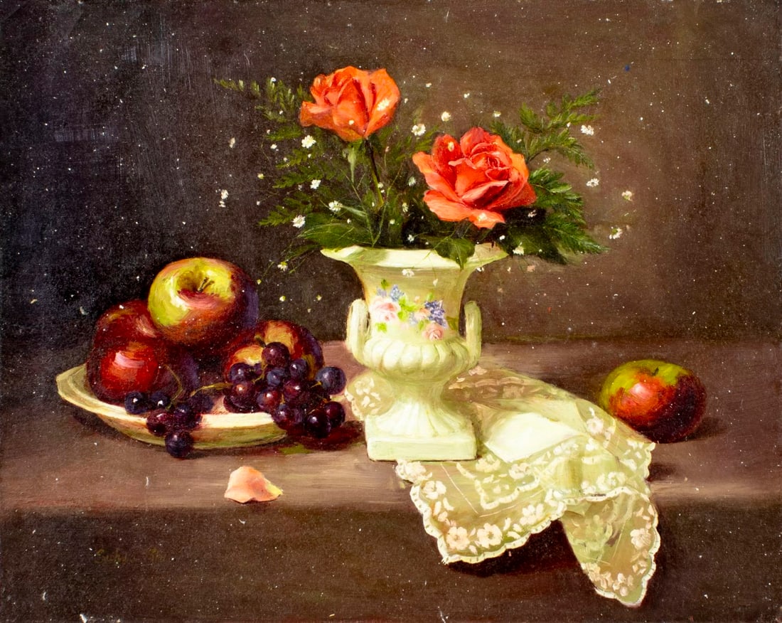 Suhua Zhu (US,China,20C) oil painting: ARTIST: Suhua Zhu (American, Chinese, 20 century) TITLE: Still Life with Fruit and Vase of Roses MEDIUM: oil on canvas CONDITION: Unstretched (In-House stretching available)