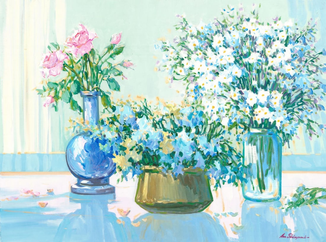 Anatoly Shlapak (Russia,1929-2014) oil painting: ARTIST: Anatoly Shlapak (Russian, 1929 - 2014) TITLE: Still Life with Vases of Flowers MEDIUM: oil on canvas CONDITION: Unstretched (In-House stretching available). Few mi