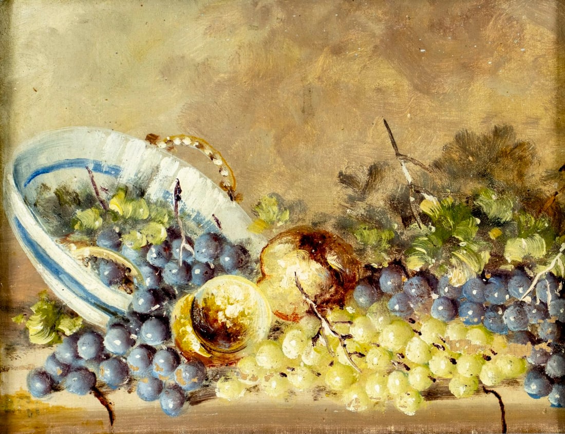 Antique early 20C American oil painting signed: ARTIST: - (American, early 20 century) TITLE: Still Life with Grapes MEDIUM: oil on canvas. Canvas applied to board. CONDITION: Some scratches/paint losses mostly along th