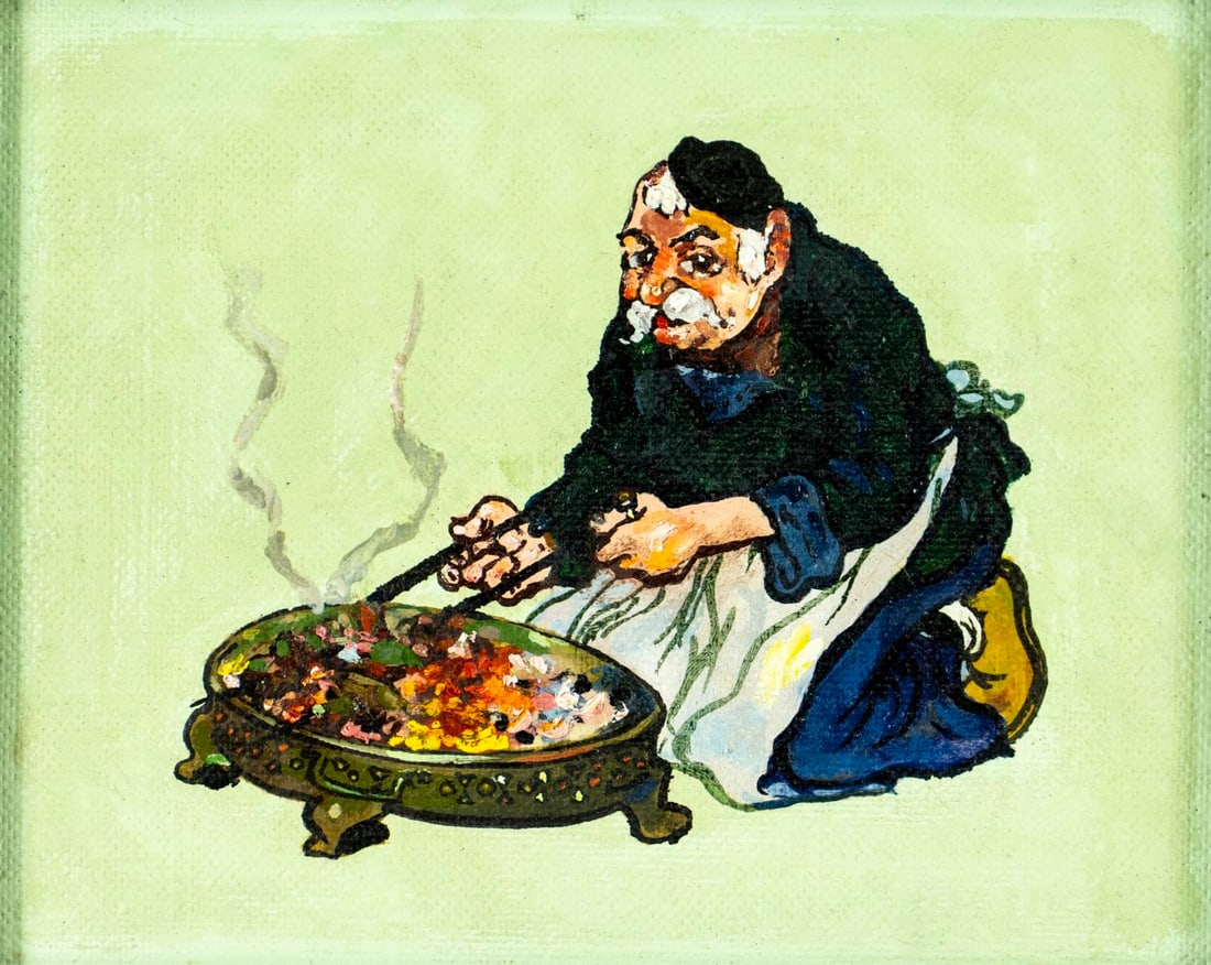 Simon Israelian (Tbilisi,Georgia,20C) oil painting: ARTIST: Simon Israelian (Tbilisi, Georgian, 20 century) TITLE: Shashlik (titled on verso) YEAR: 1998 MEDIUM: oil on board CONDITION: Overall good. No vi