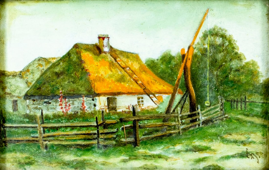 Z V Teplov (Ukraine,20C) oil painting: ARTIST: Z V Teplov (Ukrainian, 20 century) TITLE: Village Landscape with Well YEAR: 1970 MEDIUM: oil on heavy paper CONDITION: No visible inpaint under U