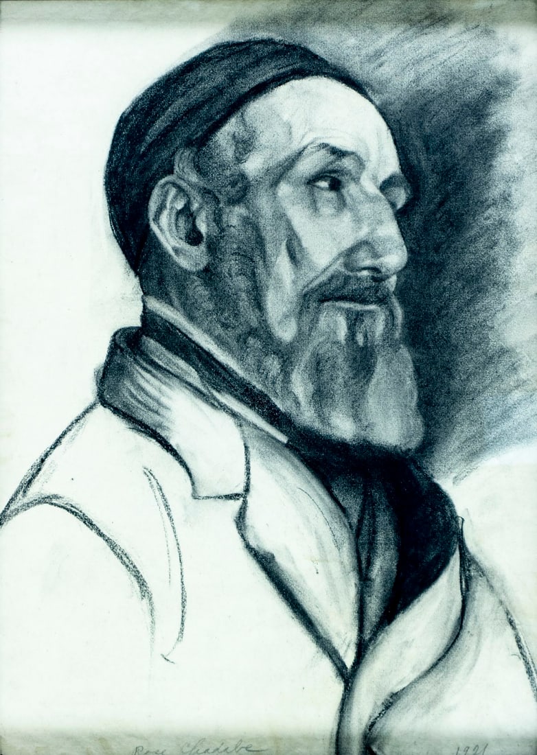 Rose Chadabe (US,early 20C) chalk painting antique: ARTIST: Rose Chadabe (American, early 20 century) TITLE: Portrait of Jewish Man YEAR: 1921 MEDIUM: chalk on paper CONDITION: Some age toning. Some staini