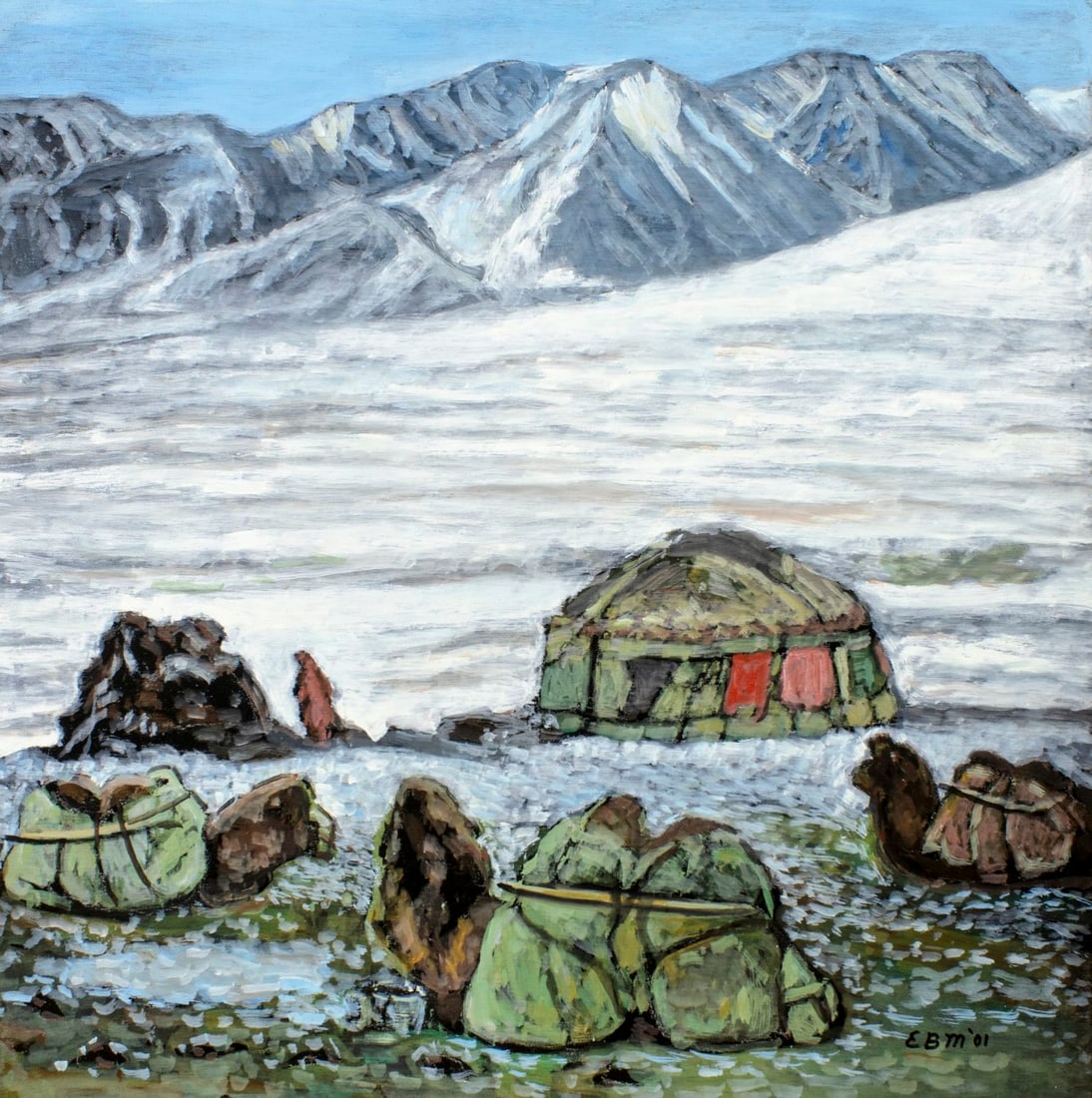 Evelyn Metzger (NY,Brazil,1911-2007) oil painting: ARTIST: Evelyn Borchard Metzger (New York, Brazilian, 1911 - 2007) TITLE: Landscape - Wakhan, Afghanistan YEAR: 2001 MEDIUM: oil on board CONDITION: Over