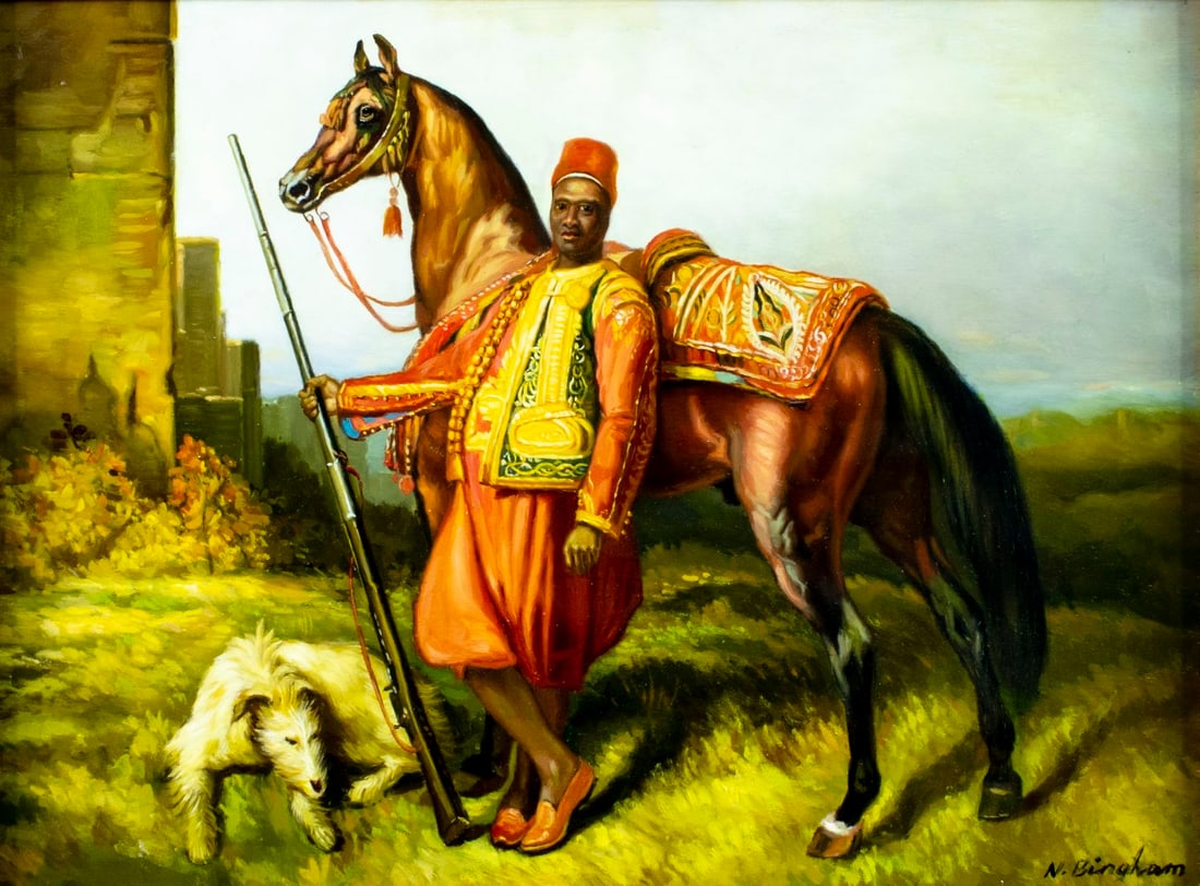 N Henry Bingham (US,1939-?) oil painting: ARTIST: N Henry Bingham (American, 1939 - ???) TITLE: Moor with Horse MEDIUM: oil on board CONDITION: Overall good. No visible inpaint under UV light. Some small damages t