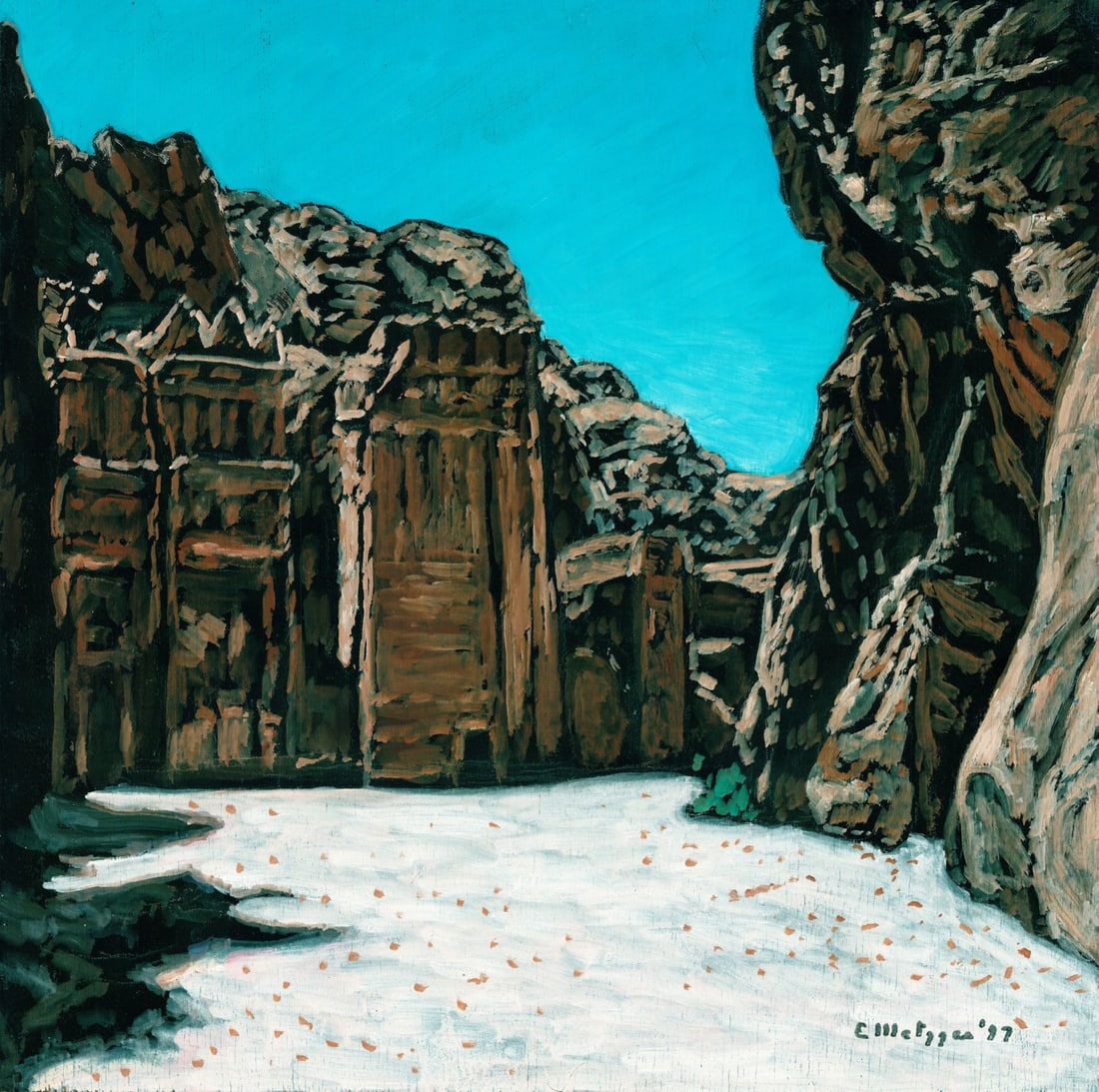 Evelyn Metzger (NY,Brazil,1911-2007) oil painting: ARTIST: Evelyn Borchard Metzger (New York, Brazilian, 1911 - 2007) TITLE: Petra Cityscape, Jordan (titled on verso) YEAR: 1997 MEDIUM: oil on board CONDITION:</