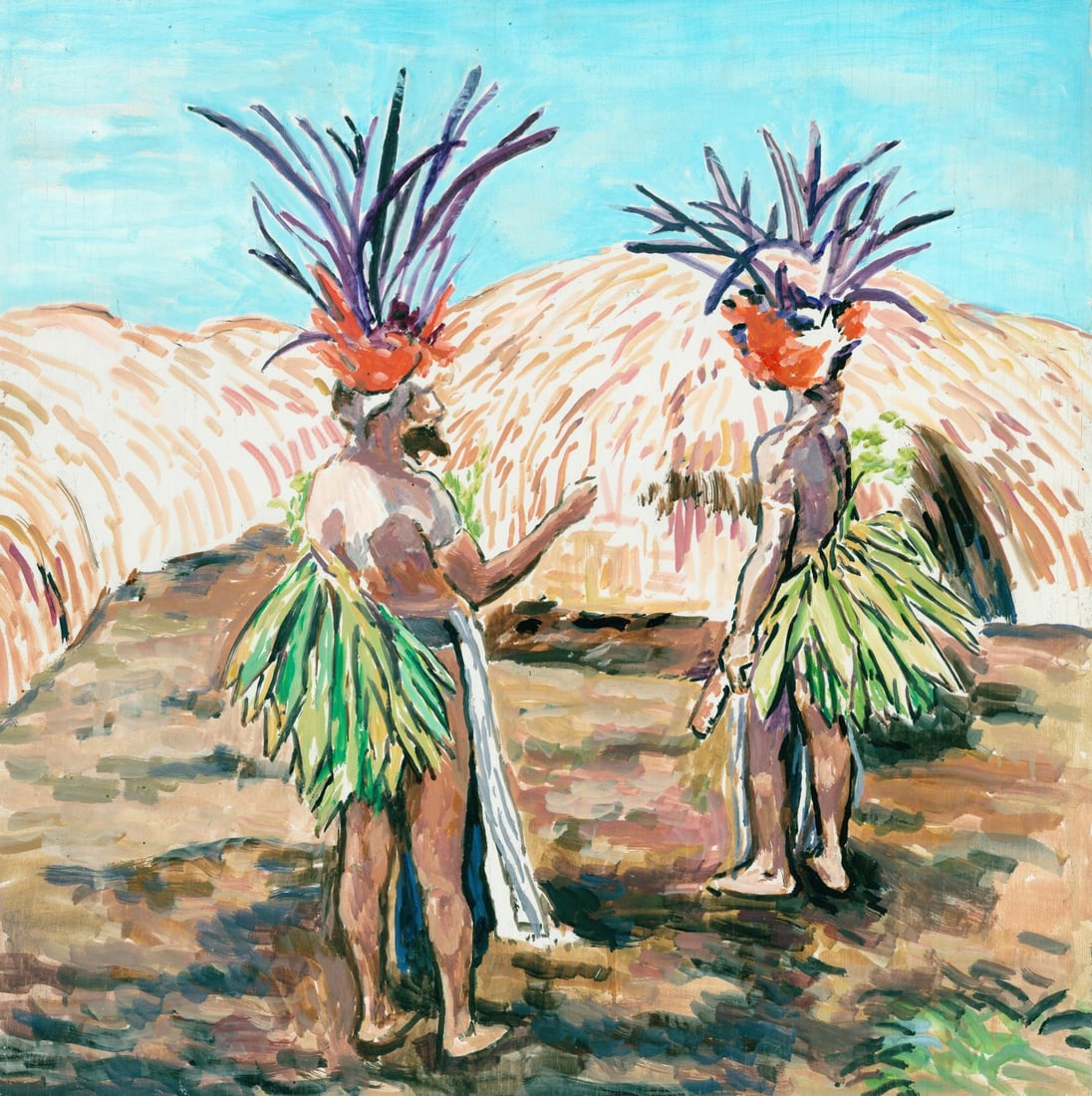 Evelyn Metzger (NY,Brazil,1911-2007) oil painting: ARTIST: Evelyn Borchard Metzger (New York, Brazilian, 1911 - 2007) TITLE: Two Tribal Men MEDIUM: oil on board CONDITION: Few small faint scratches. No visible inpaint unde