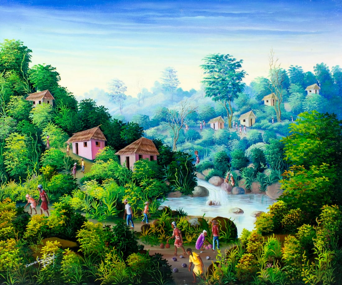 Jean Louis Bonaventure (Haiti,20/21C) oil painting: ARTIST: Jean Louis Bonaventure (Haitian, 20/21 centuries) TITLE: Haitian Village Landscape YEAR: 1983 MEDIUM: oil on canvas CONDITION: One minor dent by