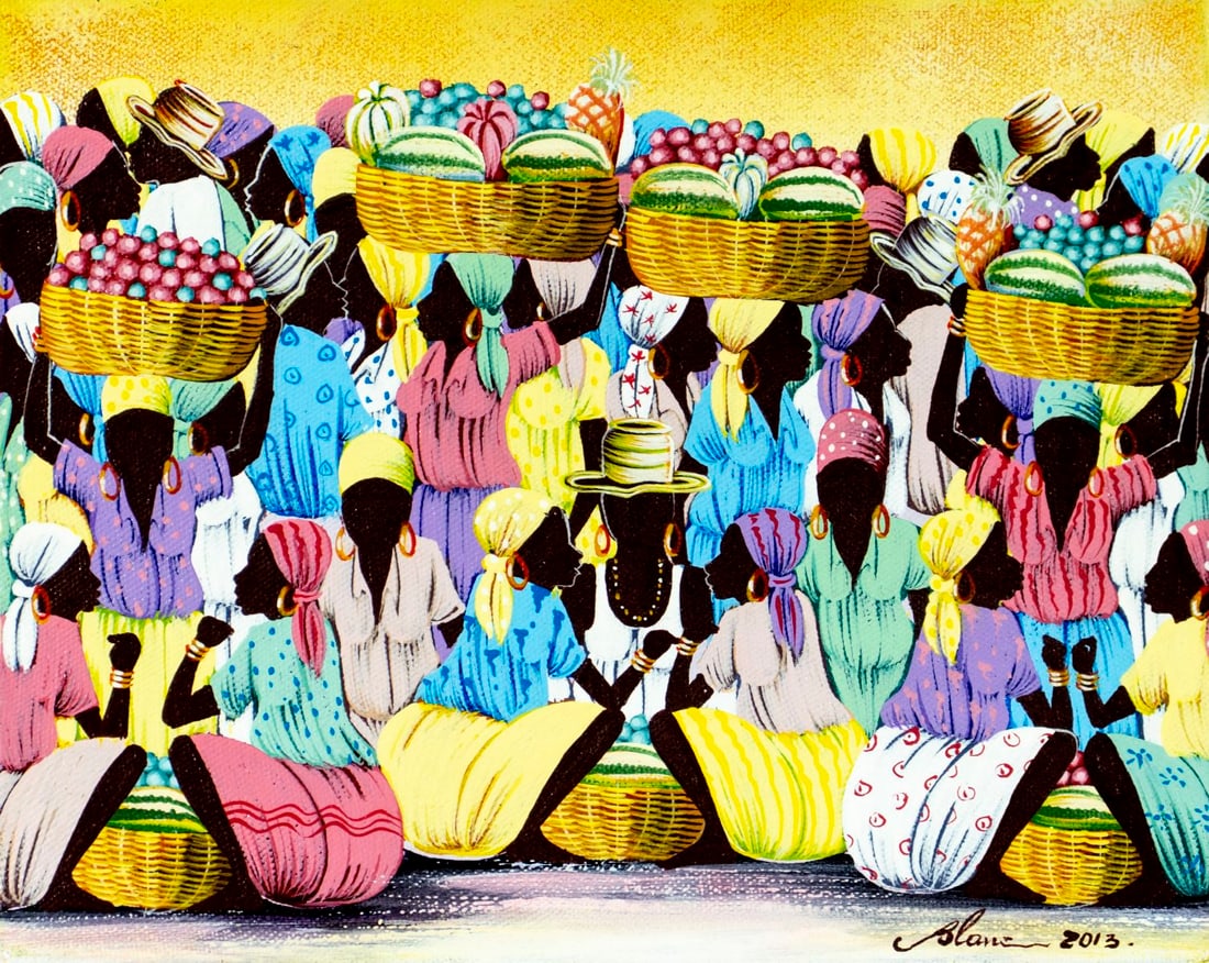 Jean Claude Blanc (Haiti,b 1965) oil painting: ARTIST: Jean Claude Blanc (Haitian, born 1965) TITLE: Haitian Scene - Skittles (titled on label) YEAR: 2013 MEDIUM: oil on canvas CONDITION: Very good.