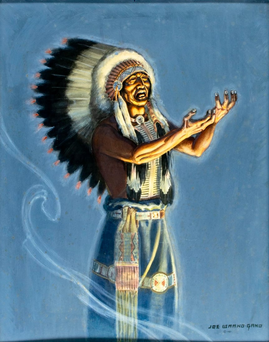 Joe Waano Gano (CA,1906-1982) acrylic painting: ARTIST: Joe Theodore Waano Gano (California, 1906 - 1982) TITLE: Indian Man - Ghost Dance Chant (titled on verso) YEAR: 1981 MEDIUM: acrylic and watercolor on board