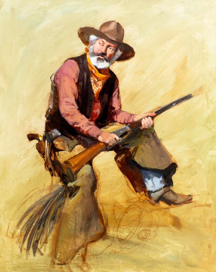 Guy Deel (CA,1933-2005) oil painting: ARTIST: Guy Deel (California, 1933 - 2005) TITLE: Cowboy with Rifle MEDIUM: oil on canvas CONDITION: Few minor scratches/paint losses. No visible inpaint under UV light.