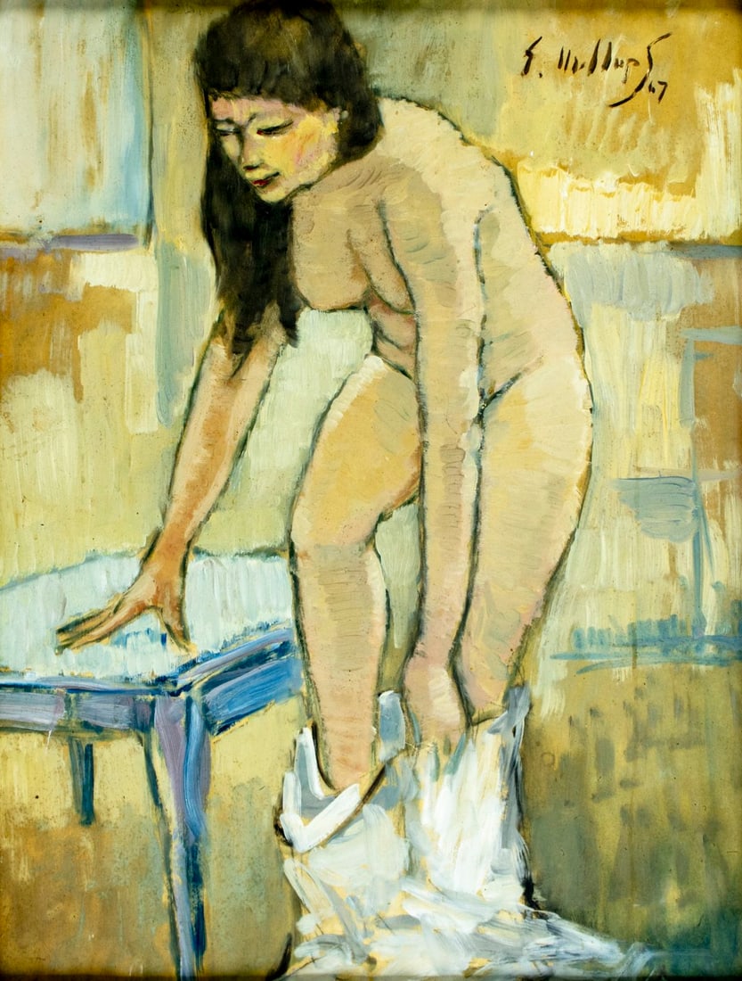Erik H Mellups (Latvia,mid 20C) oil painting: ARTIST: Erik H Mellups (Latvian, mid 20 century) TITLE: Dressing Nude YEAR: 1967 MEDIUM: oil on paper. Paper applied to board. CONDITION: One repaired pu
