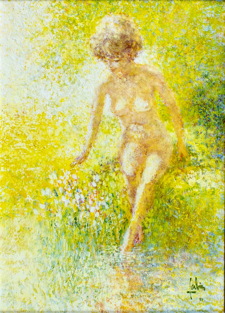 Louis Fabien (US,French,1924-?) oil painting: ARTIST: Louis P Fabien (American, Belgium, France, 1924 - ???) TITLE: Nude YEAR: 1971 MEDIUM: oil on canvas CONDITION: Very good. No visible inpaint unde