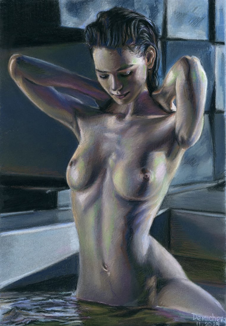 Oleksandr Demichev (Ukraine,20/21C) pastel painting: ARTIST: Oleksandr Demichev (Ukrainian, 20/21 centuries) TITLE: Bathing Nude MEDIUM: pastel on heavy paper CONDITION: Few minor paint losses. ART SIZE: 17