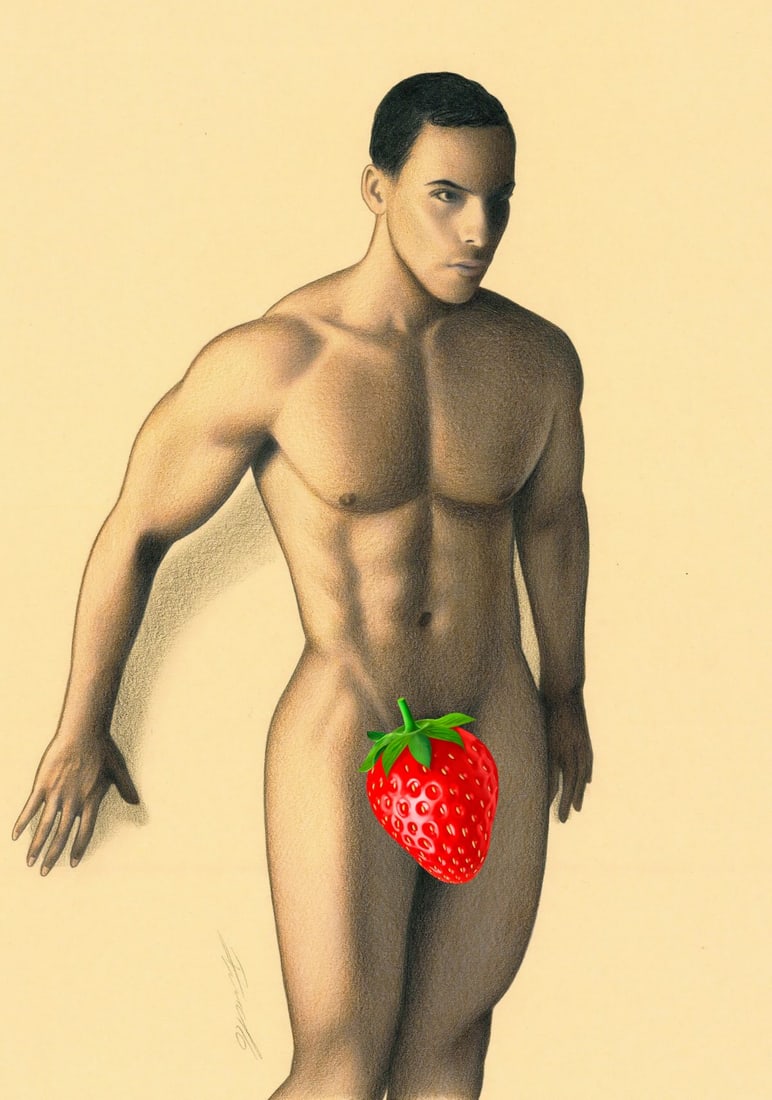 Rene Prudlo (German,b 1974) colored pencil painting: ARTIST: Rene Prudlo (Germany, born 1974) TITLE: Male Nude MEDIUM: colored pencil on heavy paper CONDITION: Very good. ART SIZE: 12 x 8 inches / 30 x 20 c