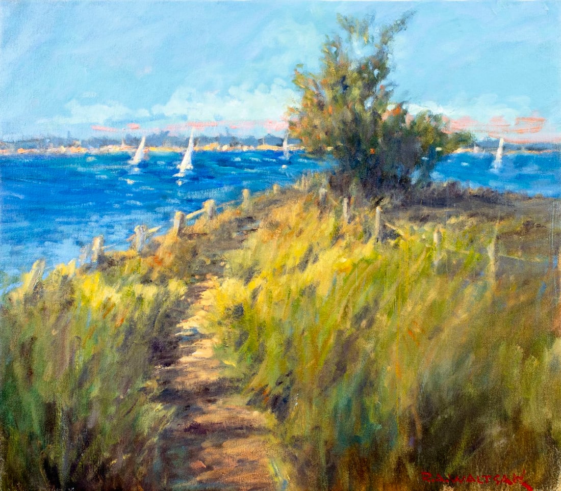 Robert Waltsak (NJ,b 1944) oil painting: ARTIST: Robert Alan Waltsak (New Jersey, born 1944) TITLE: Coastal Landscape with Sailboats MEDIUM: oil on canvas CONDITION: Overall good. No visible inpaint under UV light.