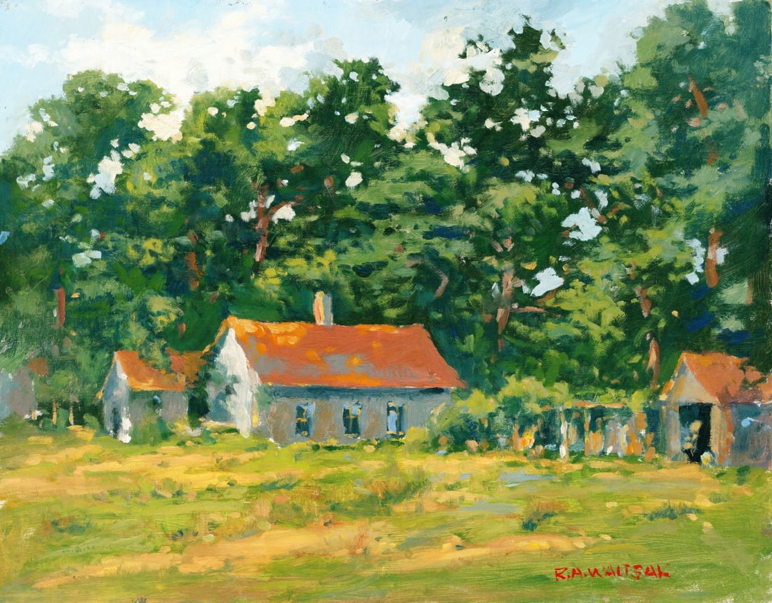 Robert Waltsak (NJ,b 1944) oil painting: ARTIST: Robert Alan Waltsak (New Jersey, born 1944) TITLE: Village Landscape MEDIUM: oil on board CONDITION: Few small faint scratches. No visible inpaint under UV light.