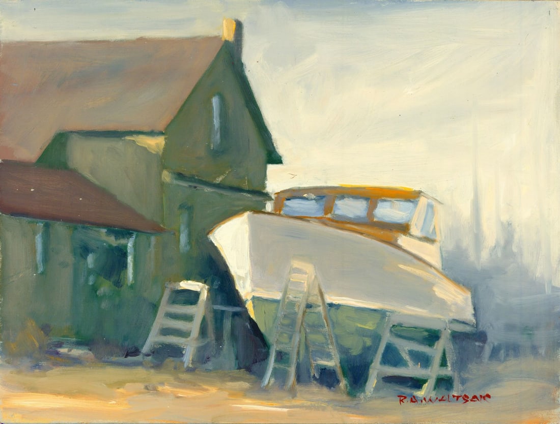 Robert Waltsak (NJ,b 1944) oil painting: ARTIST: Robert Alan Waltsak (New Jersey, born 1944) TITLE: Boatyard Scene MEDIUM: oil on board CONDITION: Few minor paint losses. No visible inpaint under UV light.
